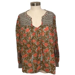 Rachel Zoe - Floral Blue, Coral, and Green Peasant Boho Top - Size XL